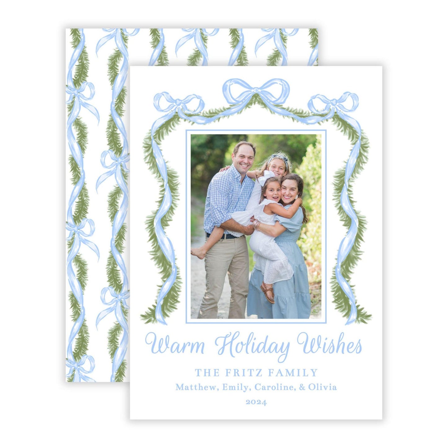 Christmas Photo Card - Blue Bow Garland (Portrait)