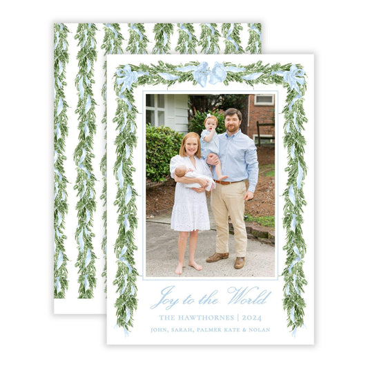 Christmas Photo Card - Big Bow Garland, Blue (Portrait)