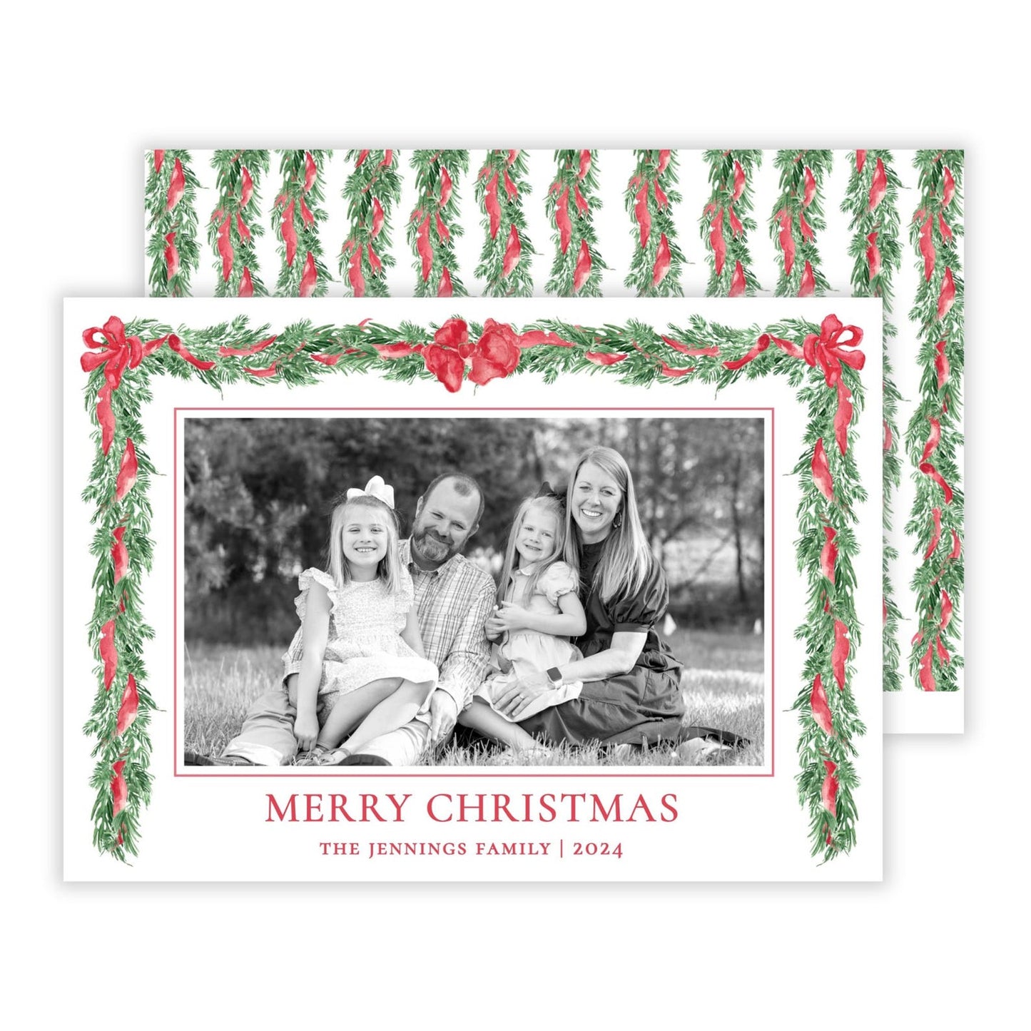 Christmas Photo Card - Big Bow Garland, Red (Portrait)