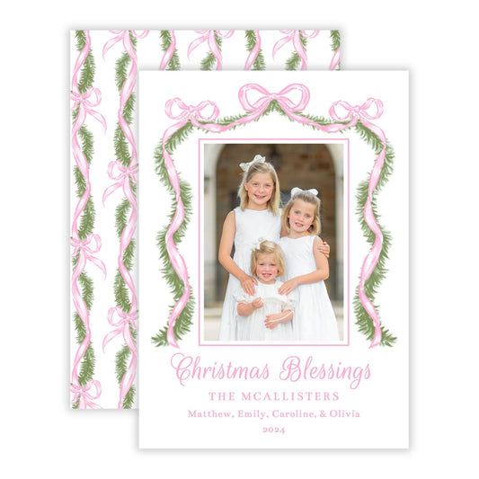 Christmas Photo Card - Pink Bow Garland (Portrait)