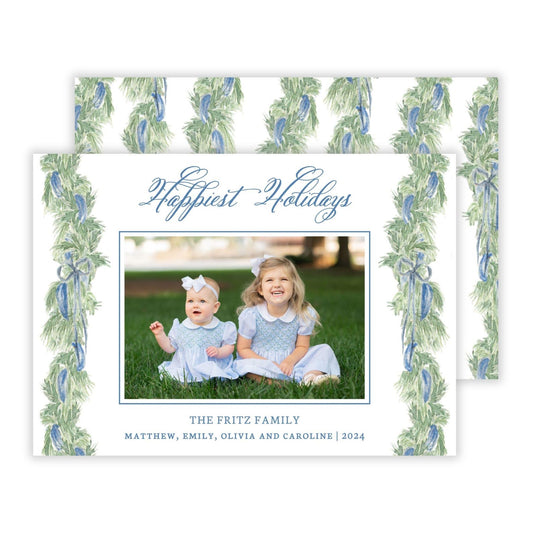 Christmas Photo Card - Blue Garland (Landscape)