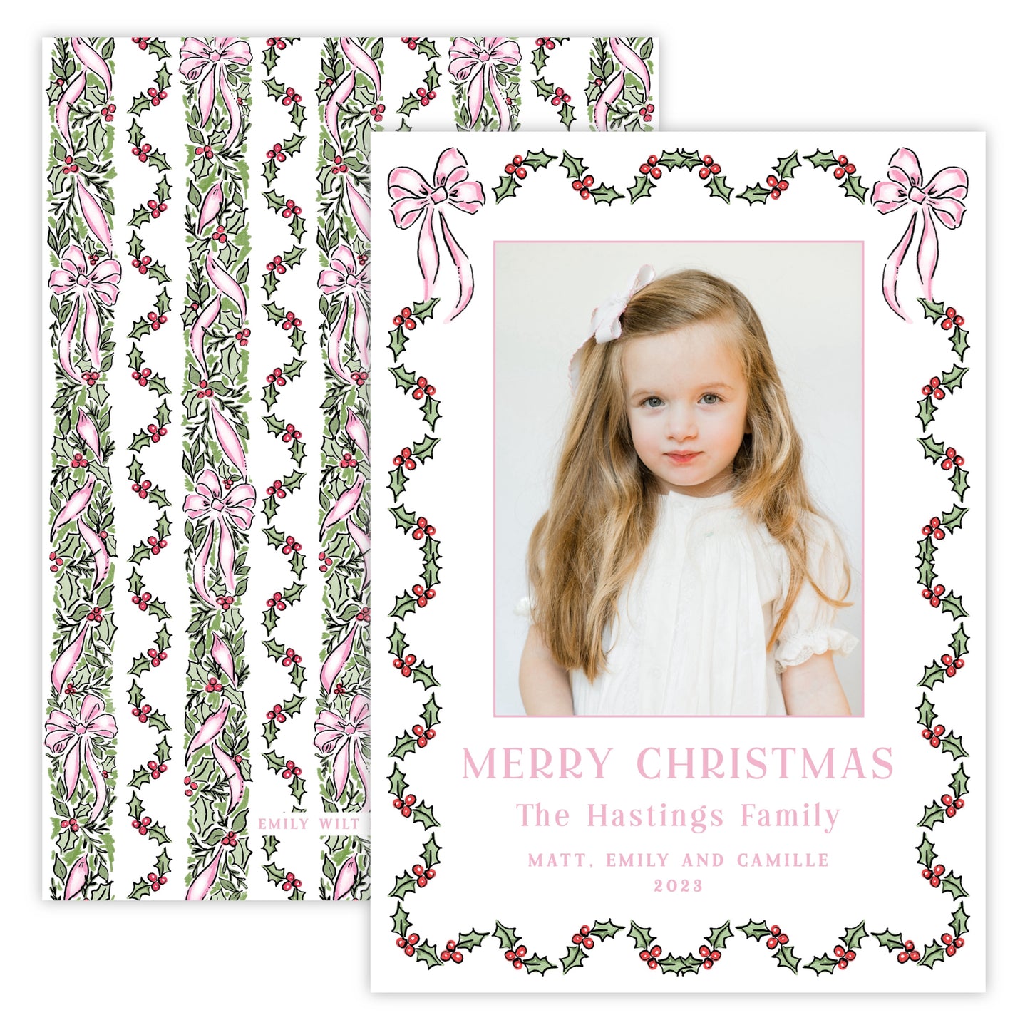 Christmas Photo Card - Festive Holly, Pink (Portrait)