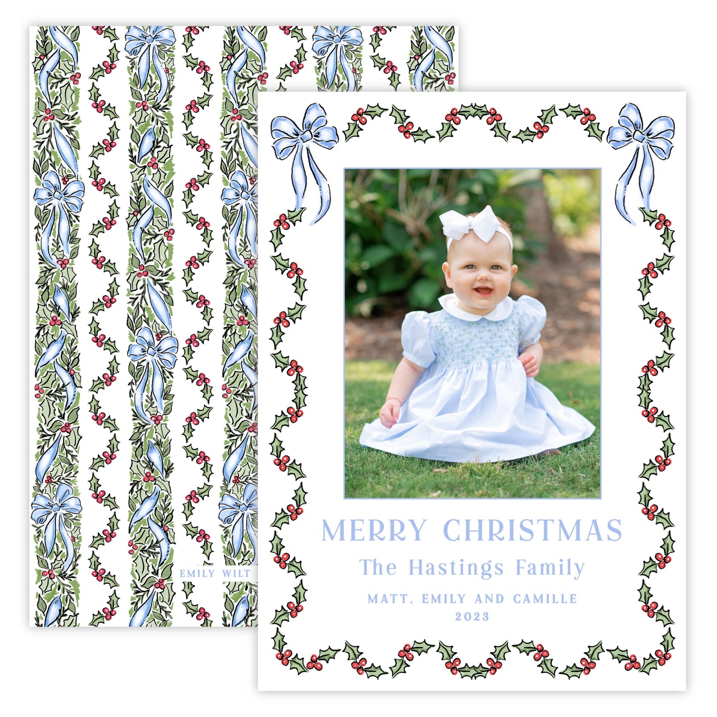 Christmas Photo Card - Festive Holly, Blue (Portrait)