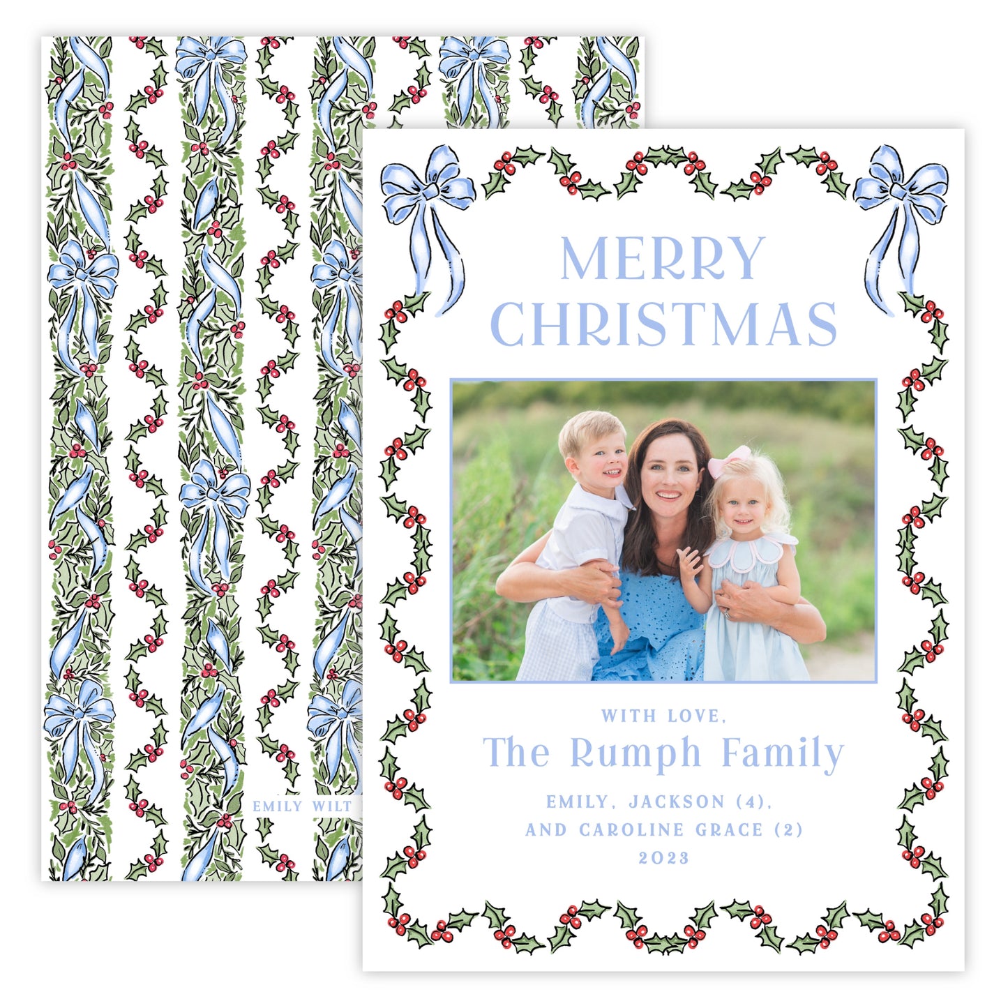 Christmas Photo Card - Festive Holly, Blue (Landscape)