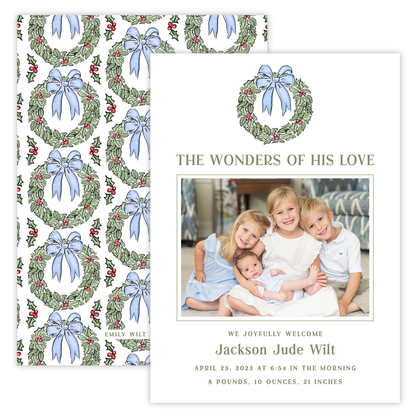 Christmas Photo Card - Preppy Wreath, Blue (Landscape Photo)