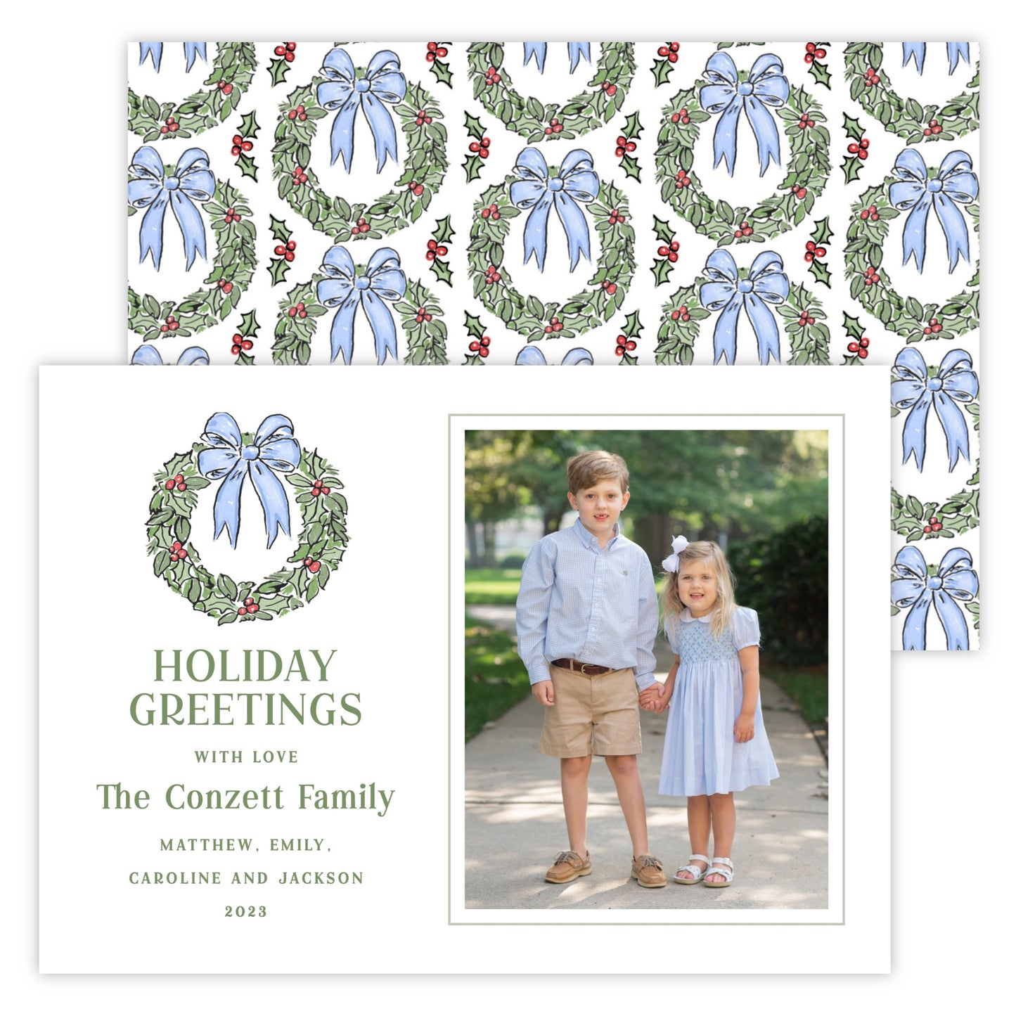 Christmas Photo Card - Preppy Wreath, Blue (Portrait Photo)