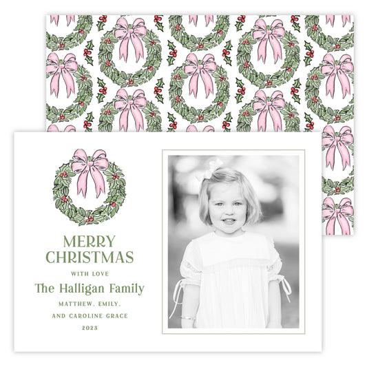 Christmas Photo Card - Preppy Wreath, Pink (Portrait Photo)