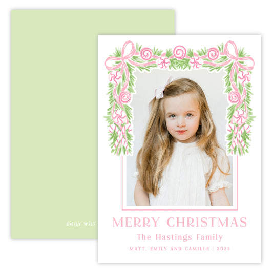 Christmas Photo Card - Christmas Candy Garland, Pink (Portrait)