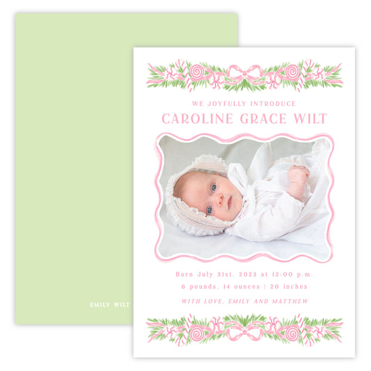 Christmas Photo Card - Christmas Candy Garland, Pink Birth Announcement (Landscape Photo)